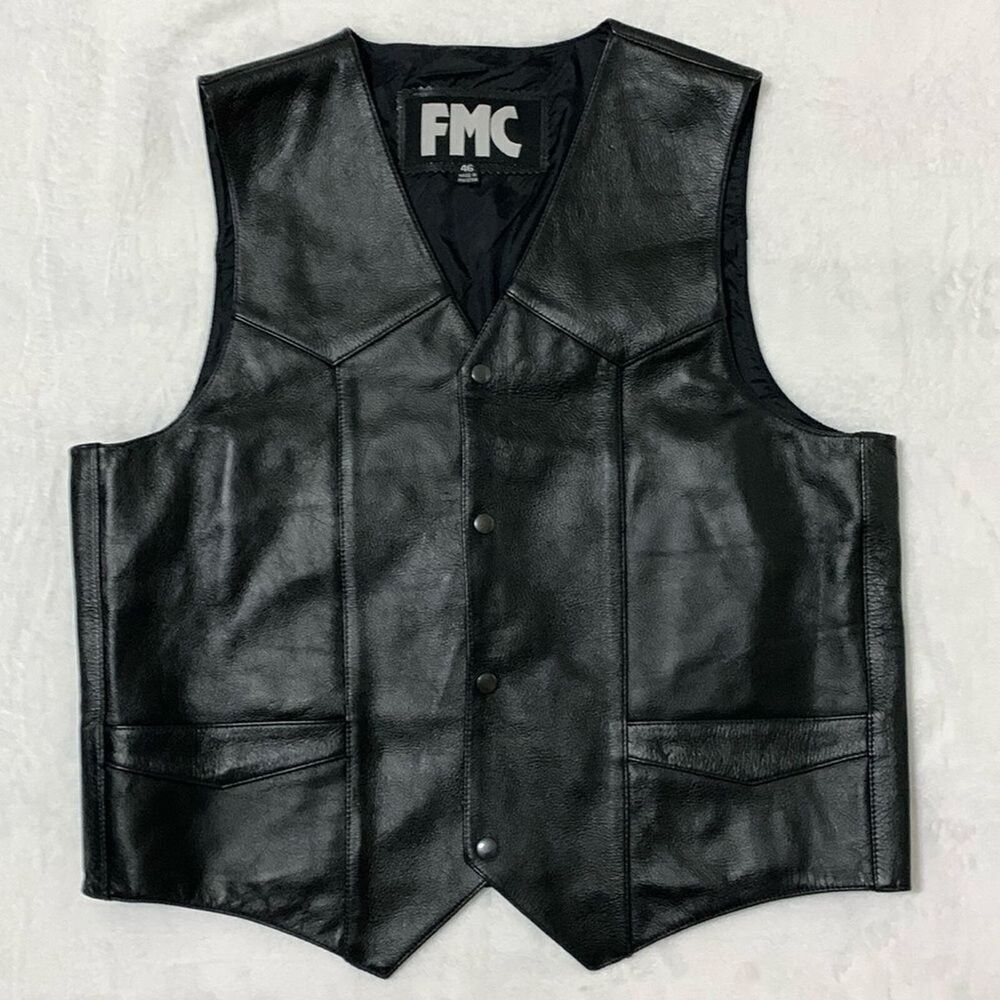 FMC Leather Biker Vest Men’s Size 46 Black Snap Front V-Neck Pockets